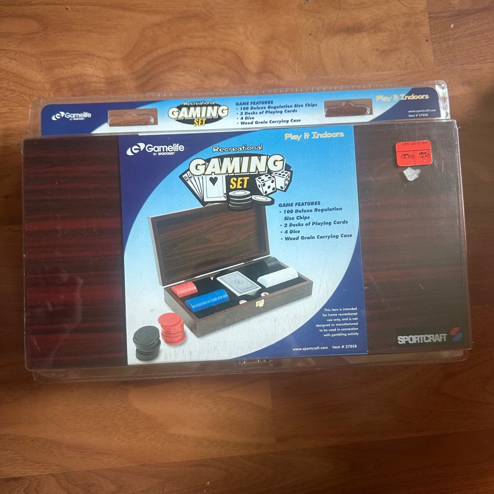 NEW Sportcraft Gaming Set Brown Wood Case Poker Chips Cards Dice 27058